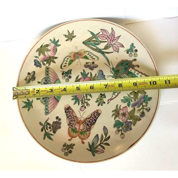 Colorful Butterfly and Floral Ceramic Plate Hand Painted Asian Motif - Picture 3 of 3